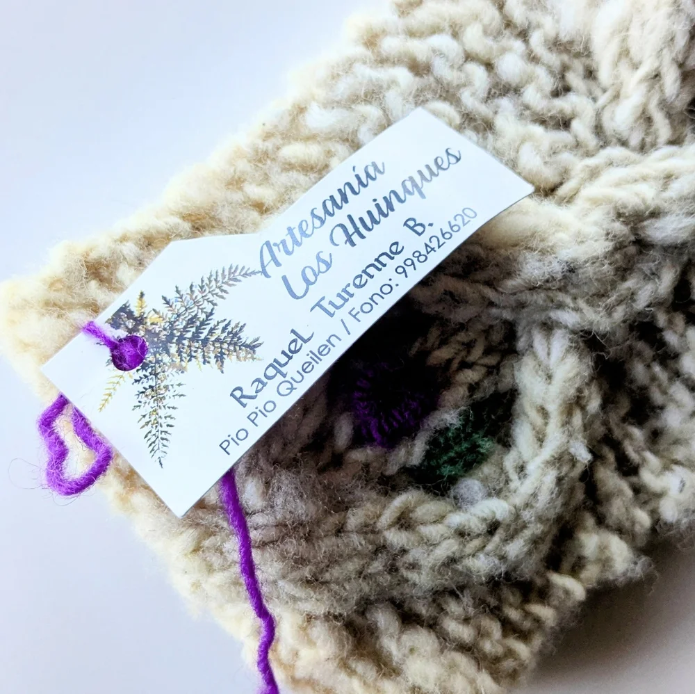 Artisanal Wool Cable Knit Headband with Purple Floral Embroidery - Chile